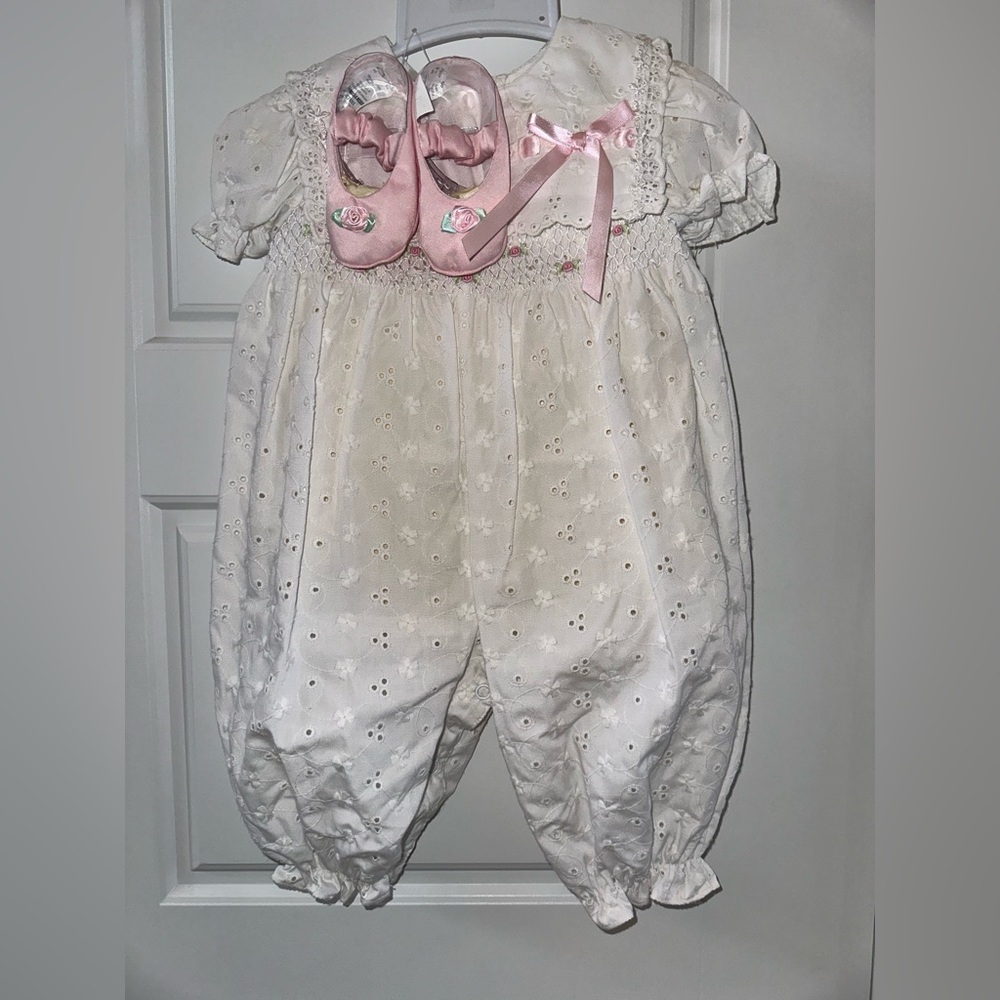 B.T. Kids White and Pink Vintage Romper Set with Lace and Embroidery